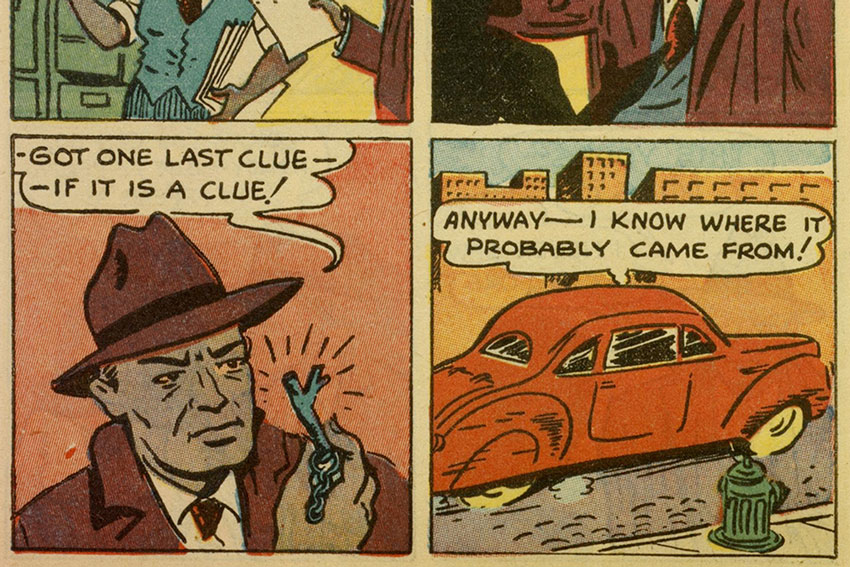     historic comic book panel showing a Black police detective and a car 