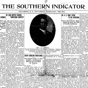 The Southern Indicator Columbia, S.C. newspaper front page from February 15, 1913.