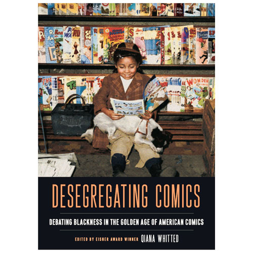 cover of Desegregating Comics: image shows a little girl reading comics; Desegregating Comic Cover