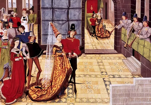 Old English illustration of a poulaine-wearing nobleman and his lady 