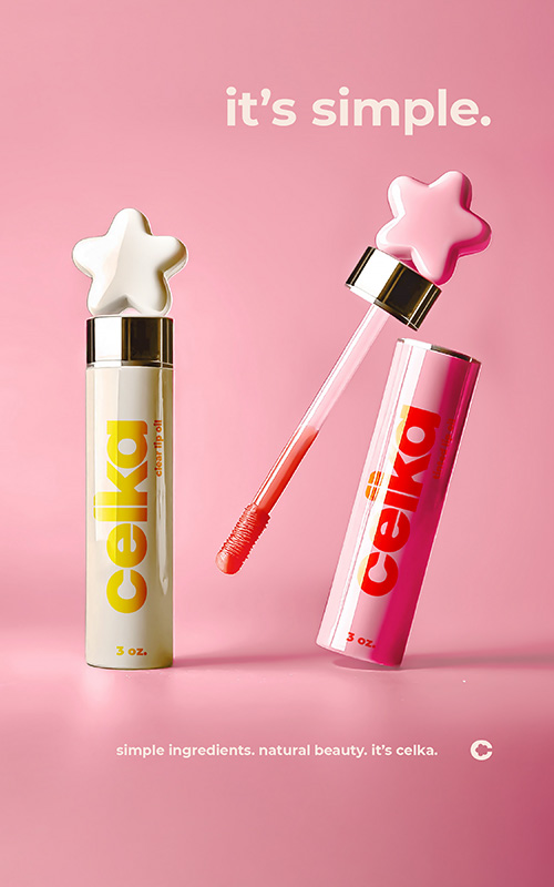 Mockup of poster with pink background featuring two lipsticks with star toppers