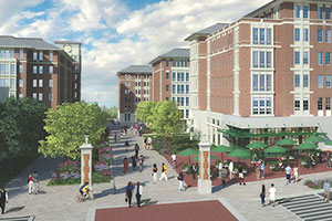 Rendering of the new Campus Village buildings with people walking around.