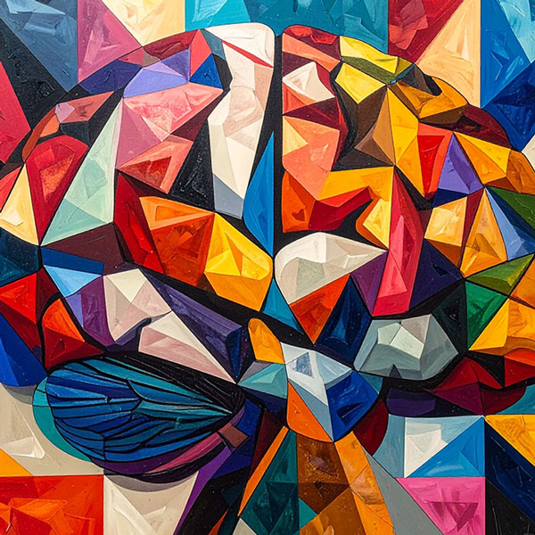An abstract, cubist illustration of a human brain.
