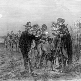 Drawing of a patrolman looking over the passes of plantation slaves