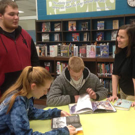 librarian with students at Wren High School