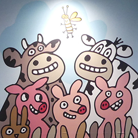 painting showing cartoon cows and pigs looking at a firefly