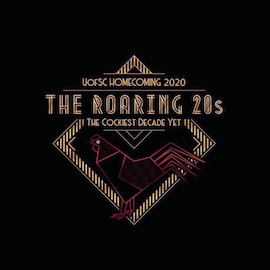 A roaring '20s themed graphic for UofSC Homecoming. It is a black background with a gold triangular, geometric design. In the middle is a garnet gamecock rendering and text that says UofSC Homecoming 2020 The Roaring '20s the cockiest decade yet