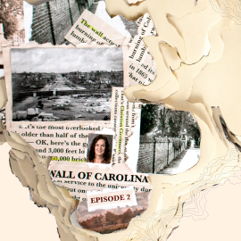 newspaper clippings showing the historical images of the wall being built around the horseshoe