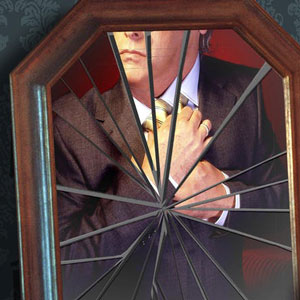 Illustration of a man adjusting his tie while looking at a broken mirror