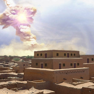 Artist's rendition of ancient buildings made of mudbricks with explosion in sky