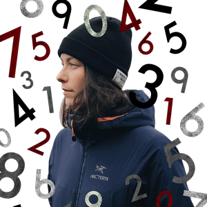 photo illustration of a woman wearing a ski hat surrounded by floating numbers