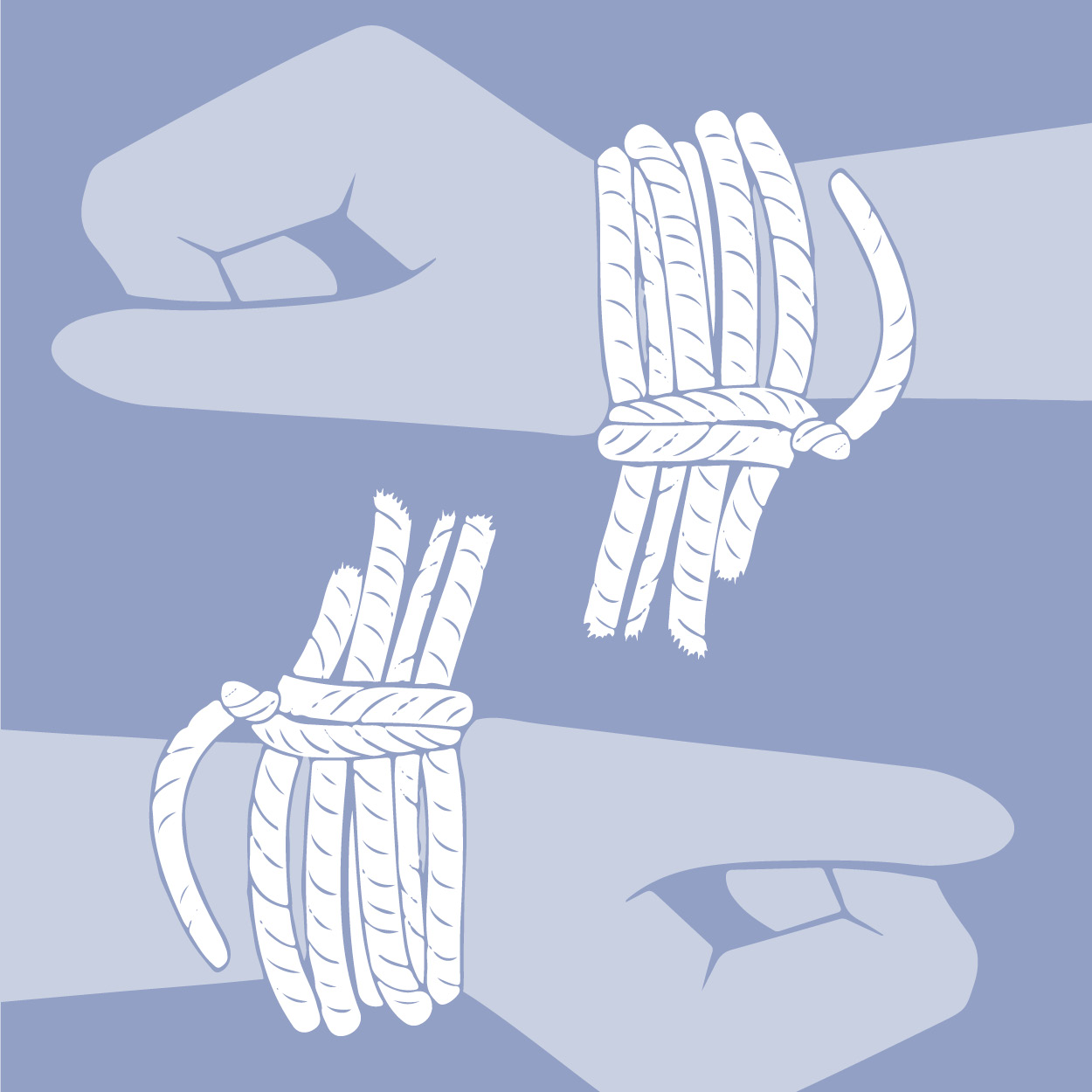 artist drawing of hands bound by rope