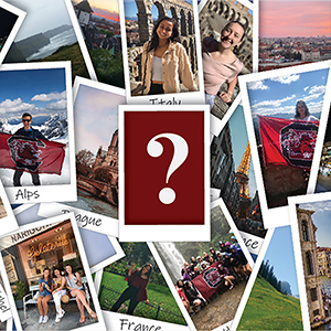 a photo collage showing students in locations around the world with a garnet box and a question mark in the middle