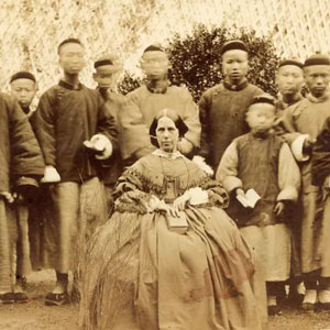 A teacher and students at a Christian missionary school in Shanghai around 1855.  William Jocelyn/Getty Images