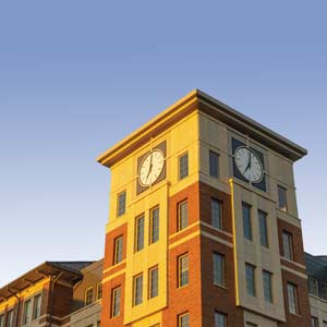 The clock tower at Campus Village