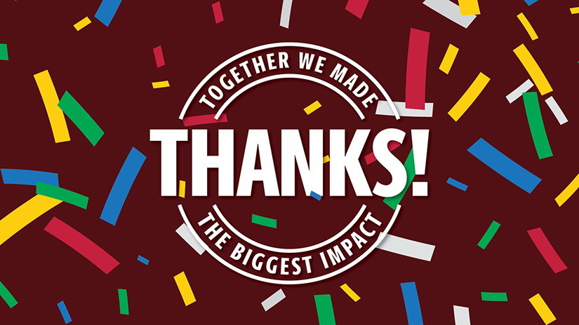 Together we made the biggest impact graphic. Stamp with a garnet background and colorful confetti around it.