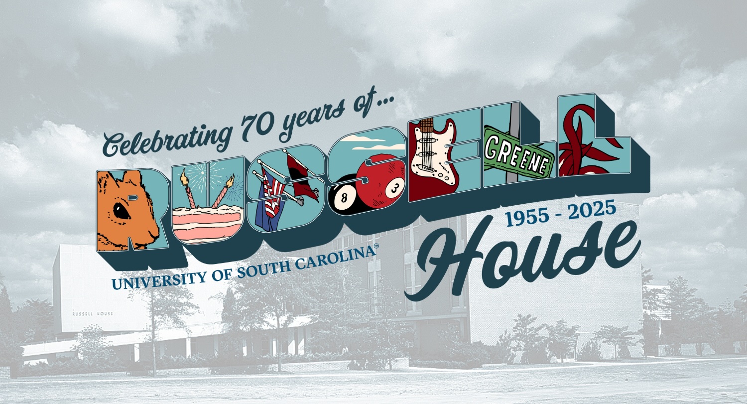 A banner over a picture of Russell House that is celebrating the 70th anniversary.