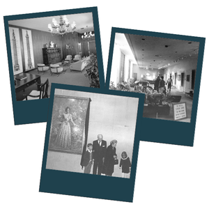 Polaroid of the Russell Family standing in front of their portraits that still hang in the Russell House