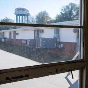View outside of a window of Benson school facing the USC water tower.