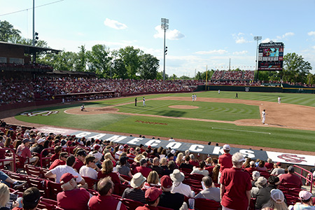 Gamecocks playing a baseball game at Founders Park