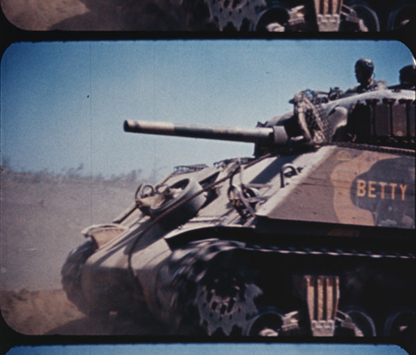 Footage of a tank with the name Betty painted on the side  at the Battle of Iwo Jima.