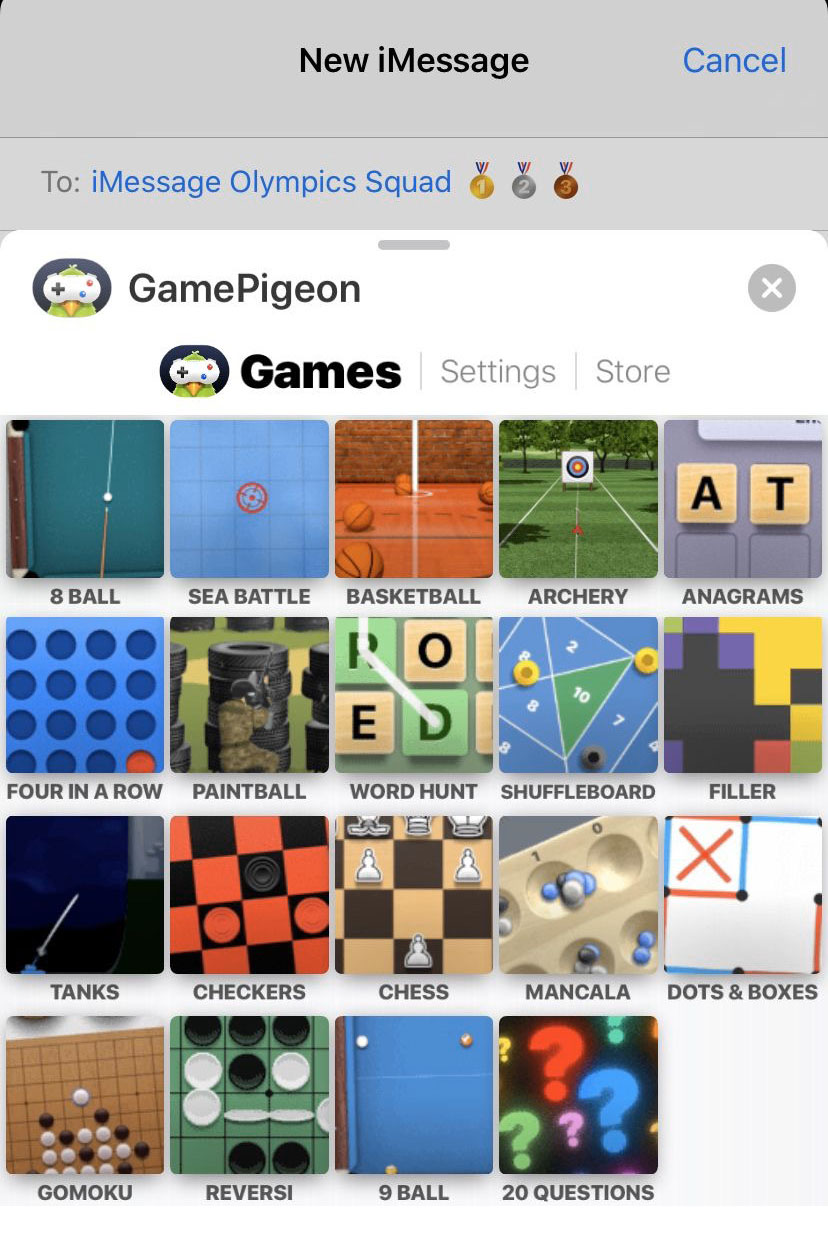A screenshot of a group message on an iphone called "iMessage Olympics Squad" with gold, silver and bronze medal emojis. The screenshot also shows games that you can play  on imessage like archery, basketball, 8ball, etc.