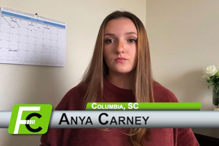Senior broadcast journalism major Anya Carney reporting from home instead of the school of journalism due to COVID-19 