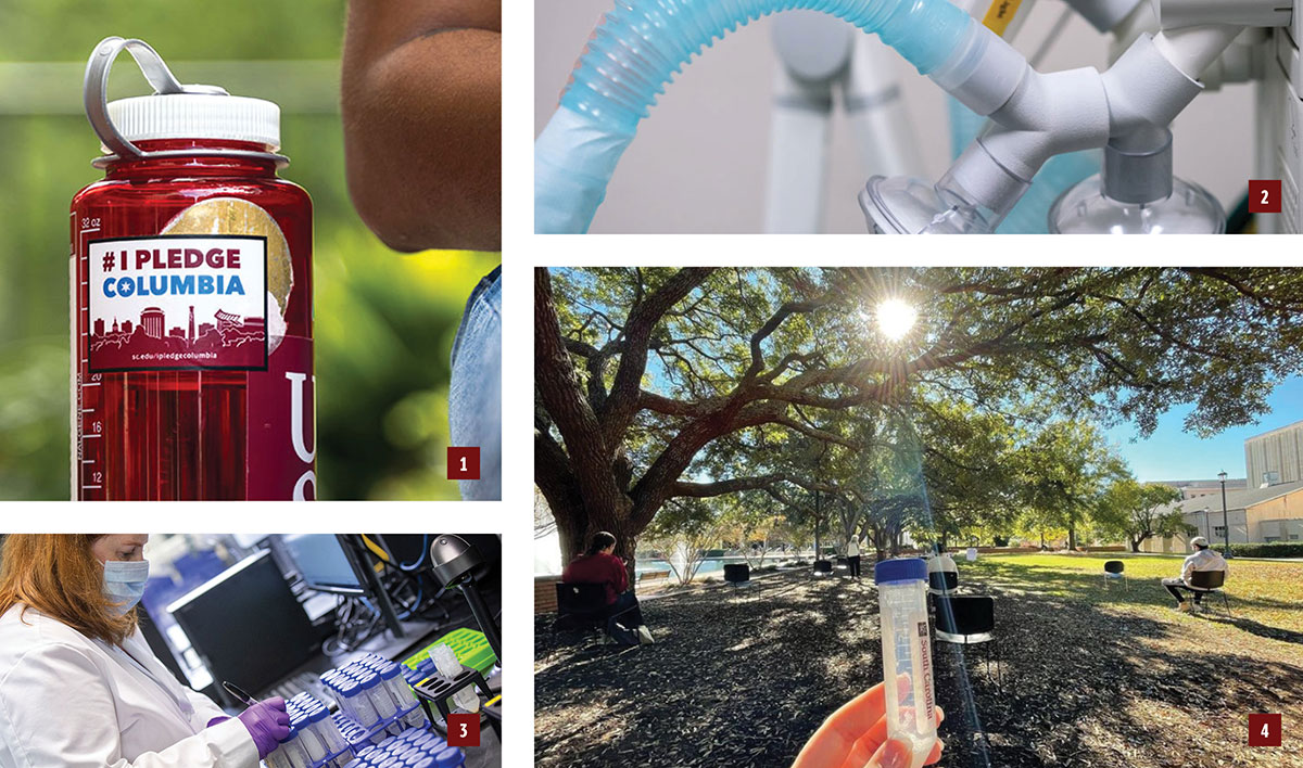 1. waterbottle with #IPledgeColumbia sticker, 2. VESper ventelator component, 3. person working in a lab with test tubes, 4. COVID-19 saliva test tube at the outdoor SAFE Testing site. 