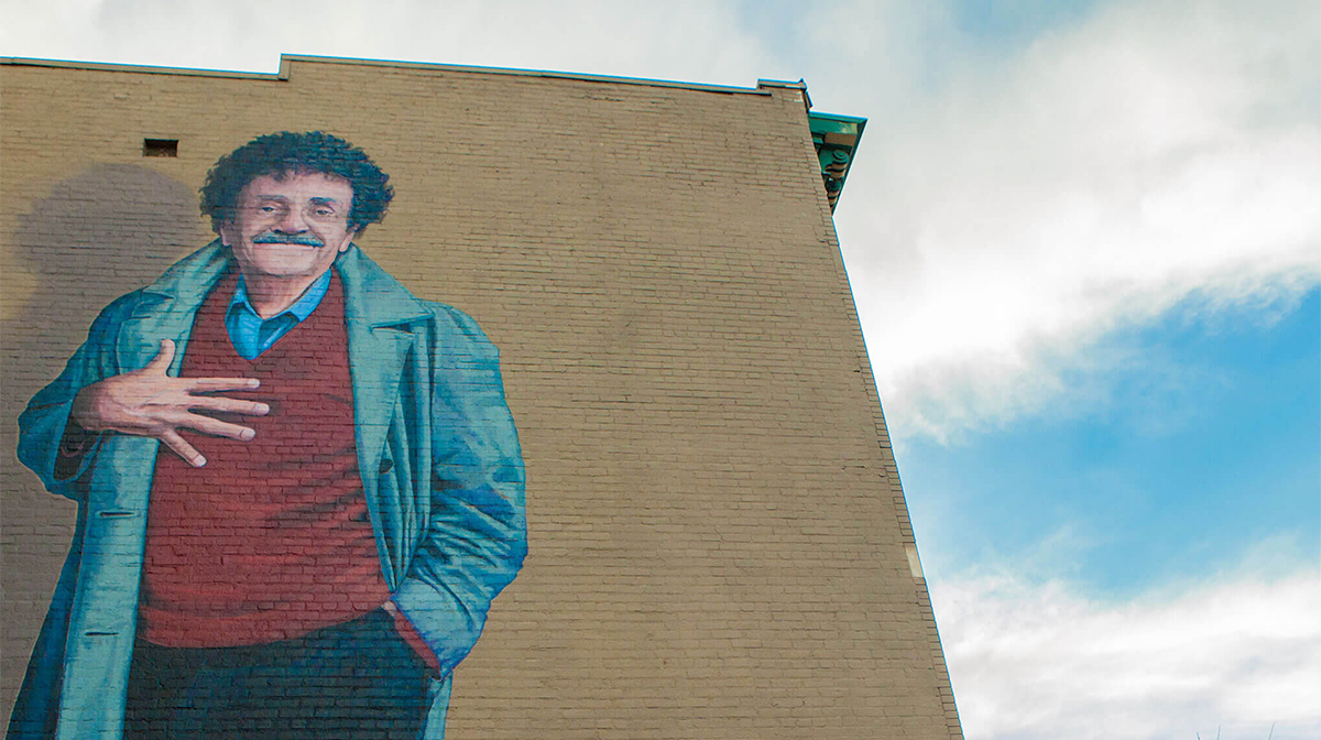 Kurt Vonnegut mural painted on a brick wall