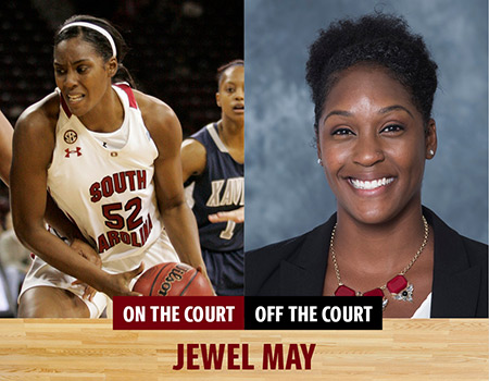 photos of Jewel May as a player and as a human resources executive
