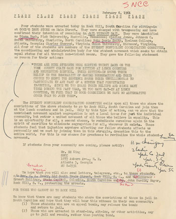 A draft press release by SNCC in which the Friendship Nine are said to be the inspiration for other students being arrested for a subsequent lunch counter sit-in