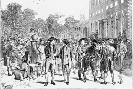 A depiction of the reading of the Declaration of Independence by John Nixon, from the steps of Independence Hall, Philadelphia, July 8, 1776.