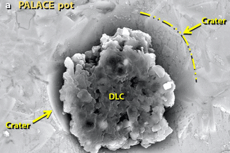 Diamonoids (center) inside a crater were formed by the fireball’s high temperatures and pressures on wood and plants