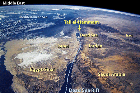 Satellite image showing the area with Tall el-Hammam about 7 miles (12 kilometers) northeast of the Dead Sea