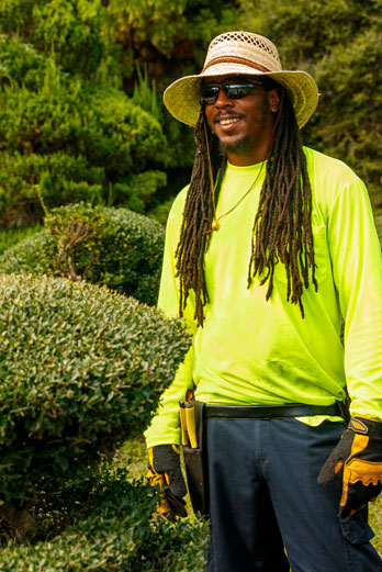 Man in a green short and sunglasses standing next ot a topiry bush