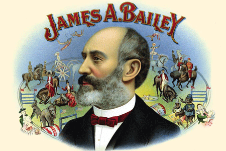 Cigar box label reads 'James A. Bailey' and features an illustration of American entrepreneur and circus ringmaster James Bailey, a co-founder of Barnum and Bailey's Circus,
