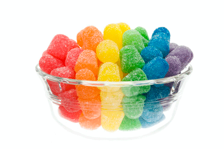 Rainbow colored gum drop candy in a glass bowl against a white background