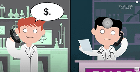 Screen capture from a video about insulin costs with cartoon drawings of a lab worker and a pharmacist