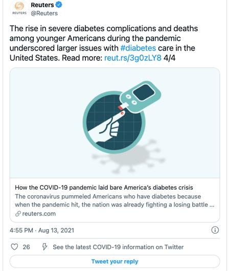 Screen capture of a tweet by Reuters news agency about about COVID's effect on diabetes care.