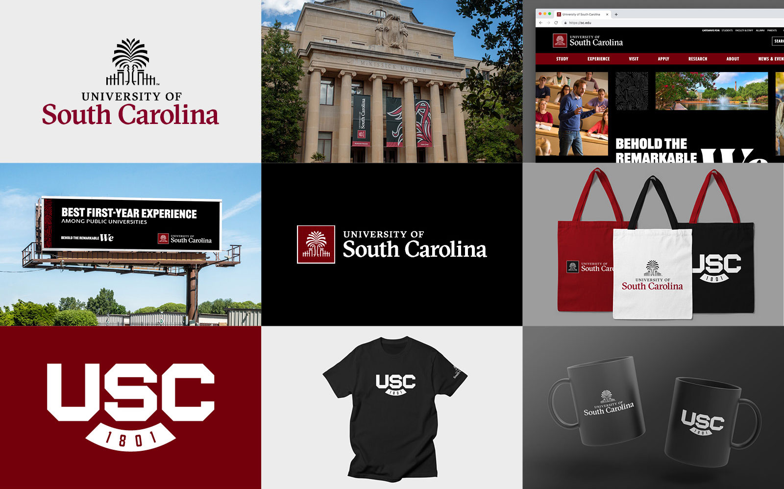Numerous examples of the University of South Carolina logo in various formats and examples in use. 