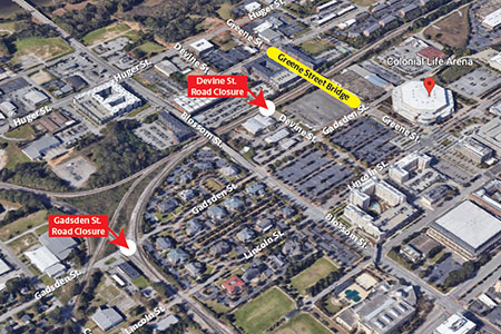 map of affected area shows the new bridge on Greene Street near the Colonial Life Arena, road closing at Devine Street near the Palmetto Compress building and the road closure at Gadsden Street behind the Greek Village
