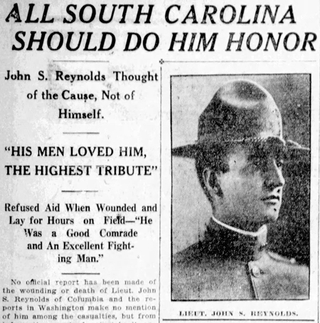 clipping from The State newspaper Jan. 4, 1919, reporting the death of Lieutenant John Reynolds with a photo of Reynolds in uniform under the headline "All South Carolina Should Do Him Honor"