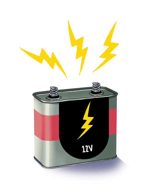 A 12 volt battery with energy bolts radiating from it.