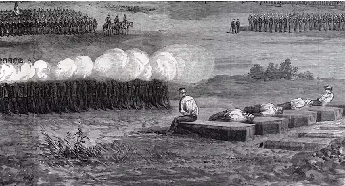Historical drawing of soldiers in a line shooting at prisoners