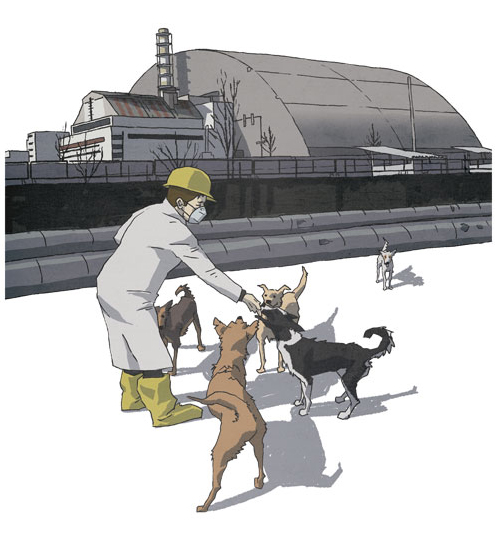 An illustration of feral dogs being fed by worker in hazmat suit with Chernobyl site in the background.