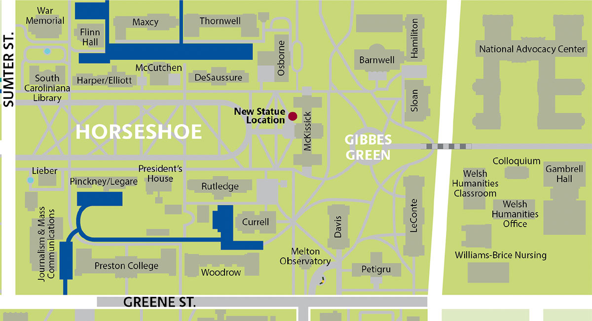 A map of the horseshoe with a red dot indicating the location of the new statue