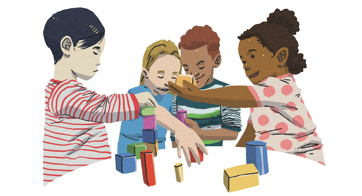 An illustration of children playing with blocks on a table.