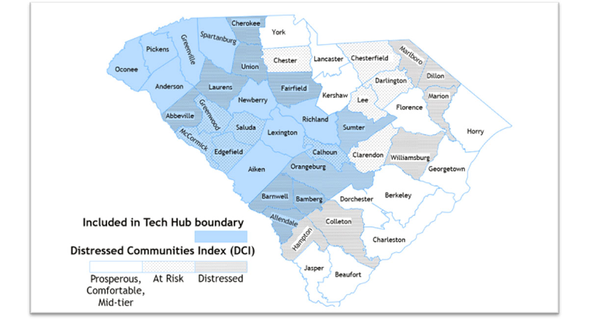 map of the state of south carolina with counties identified and colors designated the tech hub boundary and graphics denoting distressed counties
