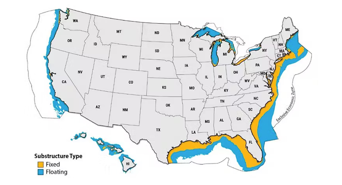 map of the U.S. with colors along the shore line to indicate locations of fixed and floating wind turbines
