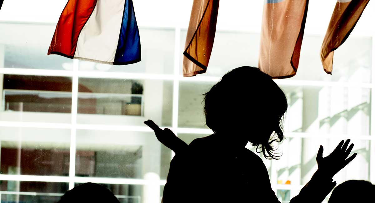 Silhouette of a woman backlit from windows with varying flags above her head